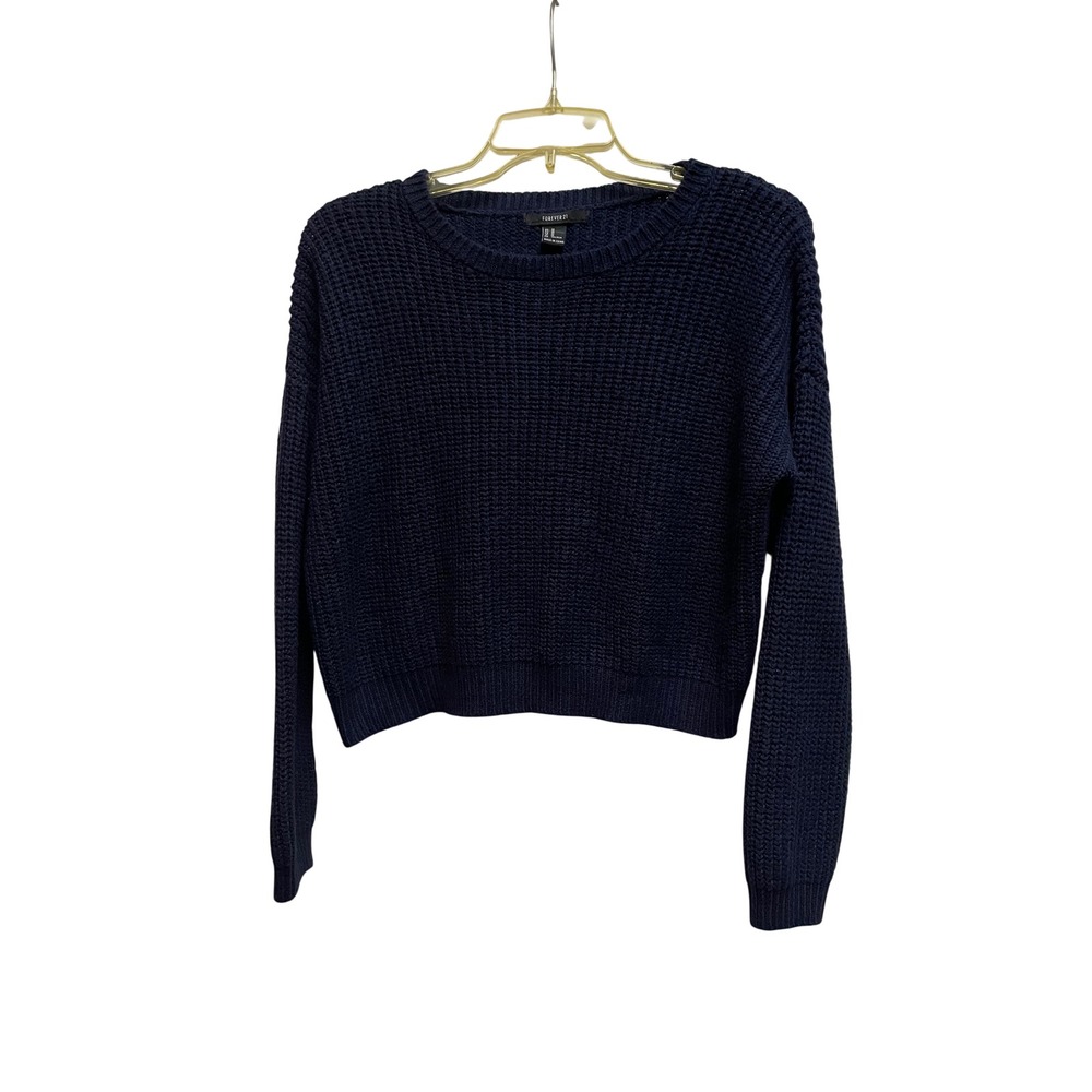 Forever 21 Womens Navy Blue Waffle Knit Cropped Crewneck Sweater Size Medium